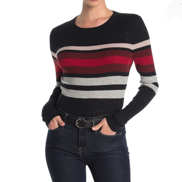 360 Sweater Knit Crew Neck Long Sleeve Striped Fitted Black Red White M NWT - Picture 2 of 12